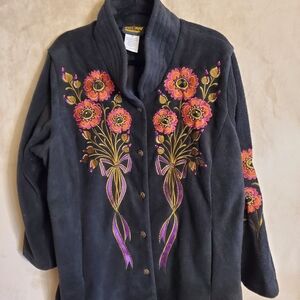 Bob Mackie Black Pea Coat with Floral Embroidery